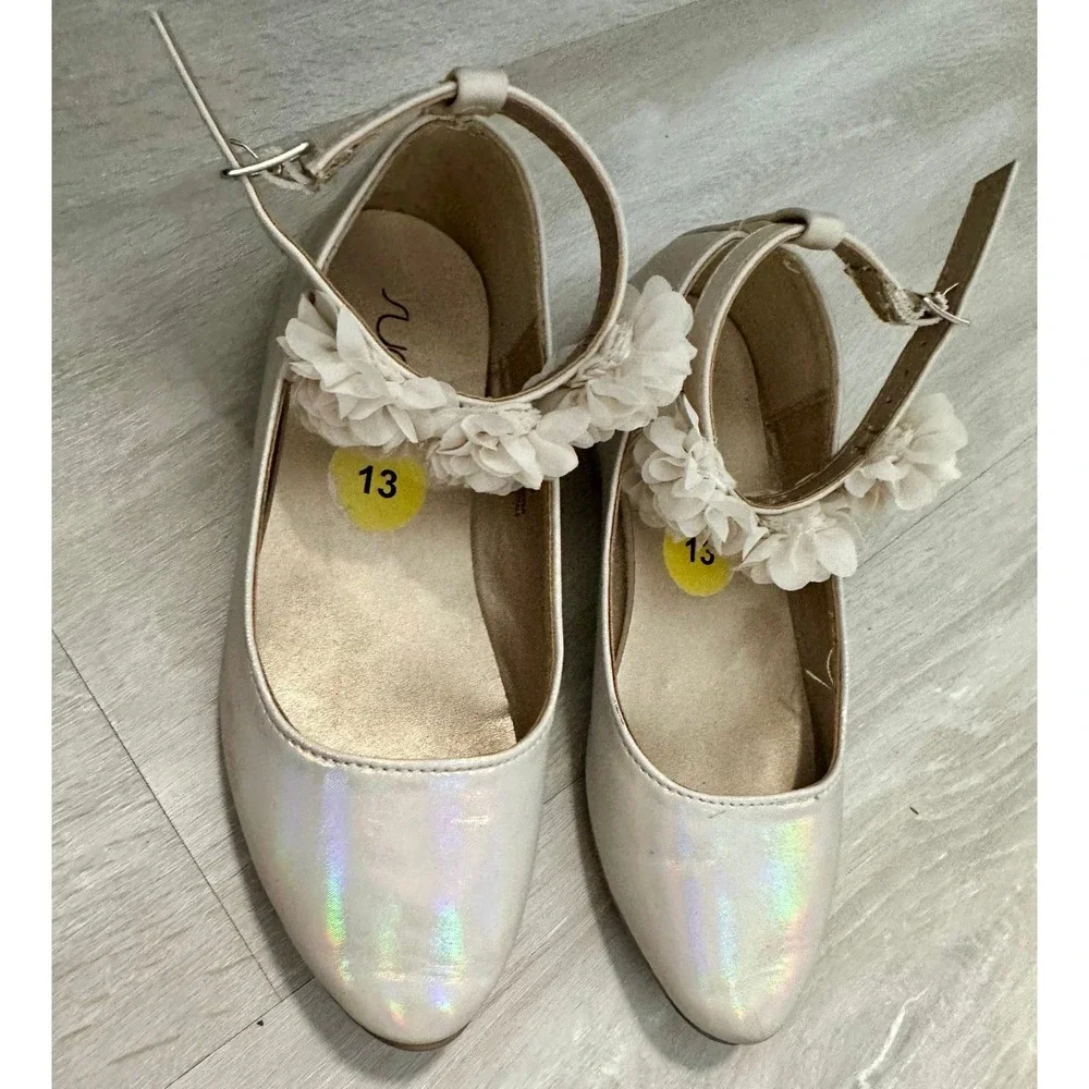 Sugar Girls White Iridescent Flower Ankle Strap Ballet Flats‎ Size 13